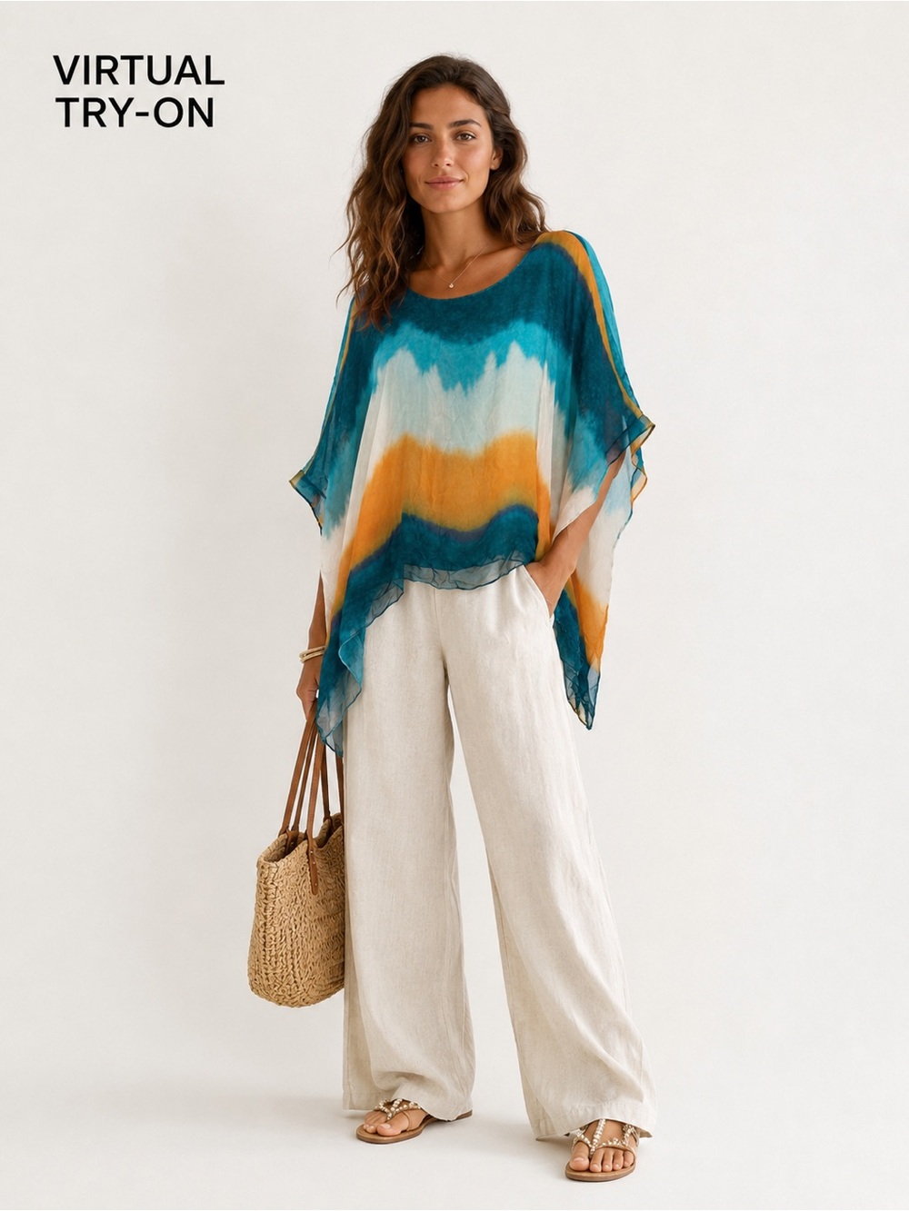 Italian Silk Blend Layered Tunic Top Teal Orange Abstract Sheer Flowy Blouse